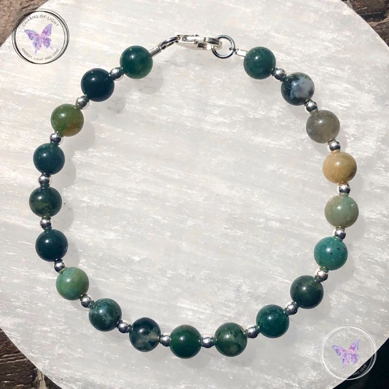 Moss Agate Silver Bead Bracelet